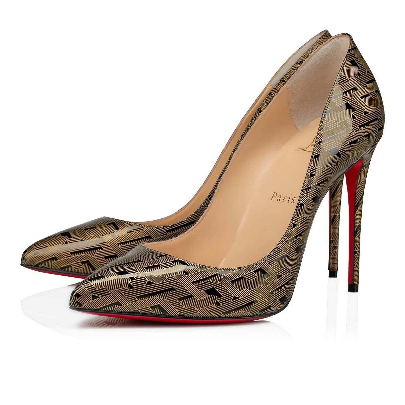Christian Louboutin Pigalle Follies 100 Patent Black Gold Cl Heel Pump Shoe 39.5